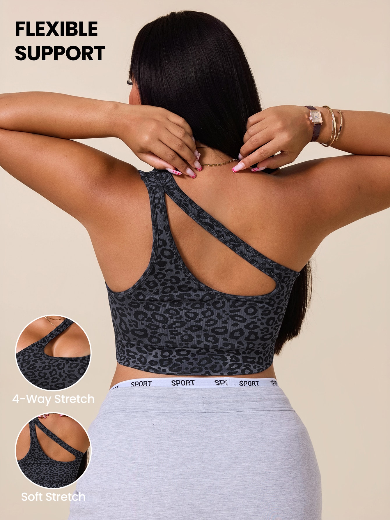 Tank Top Ribbed - Damen Plus Size Asymmetrischer Sport-BH Leopardenmuster