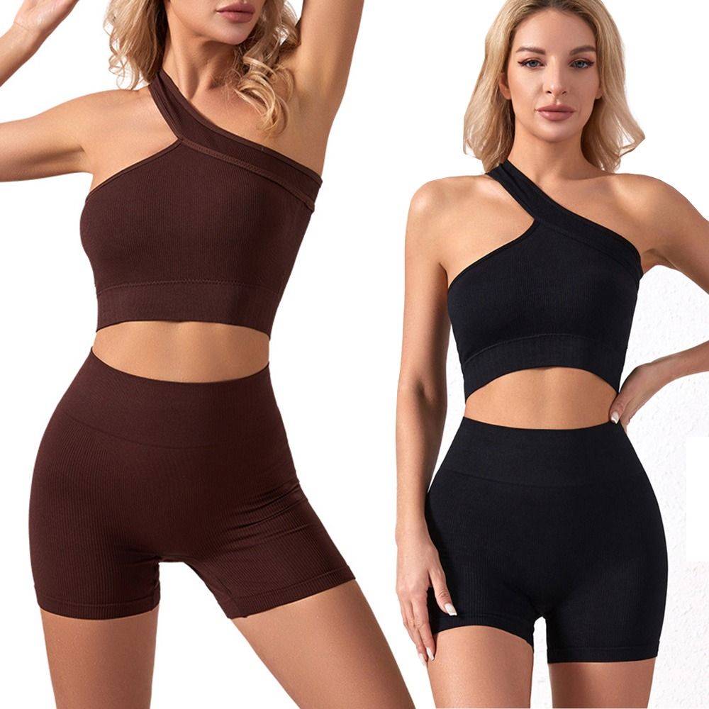 Tank Top Ribbed - 2-teiliges Casual Nahtloses Damen-Workout-Set, Hochgeschnittene Gerippte